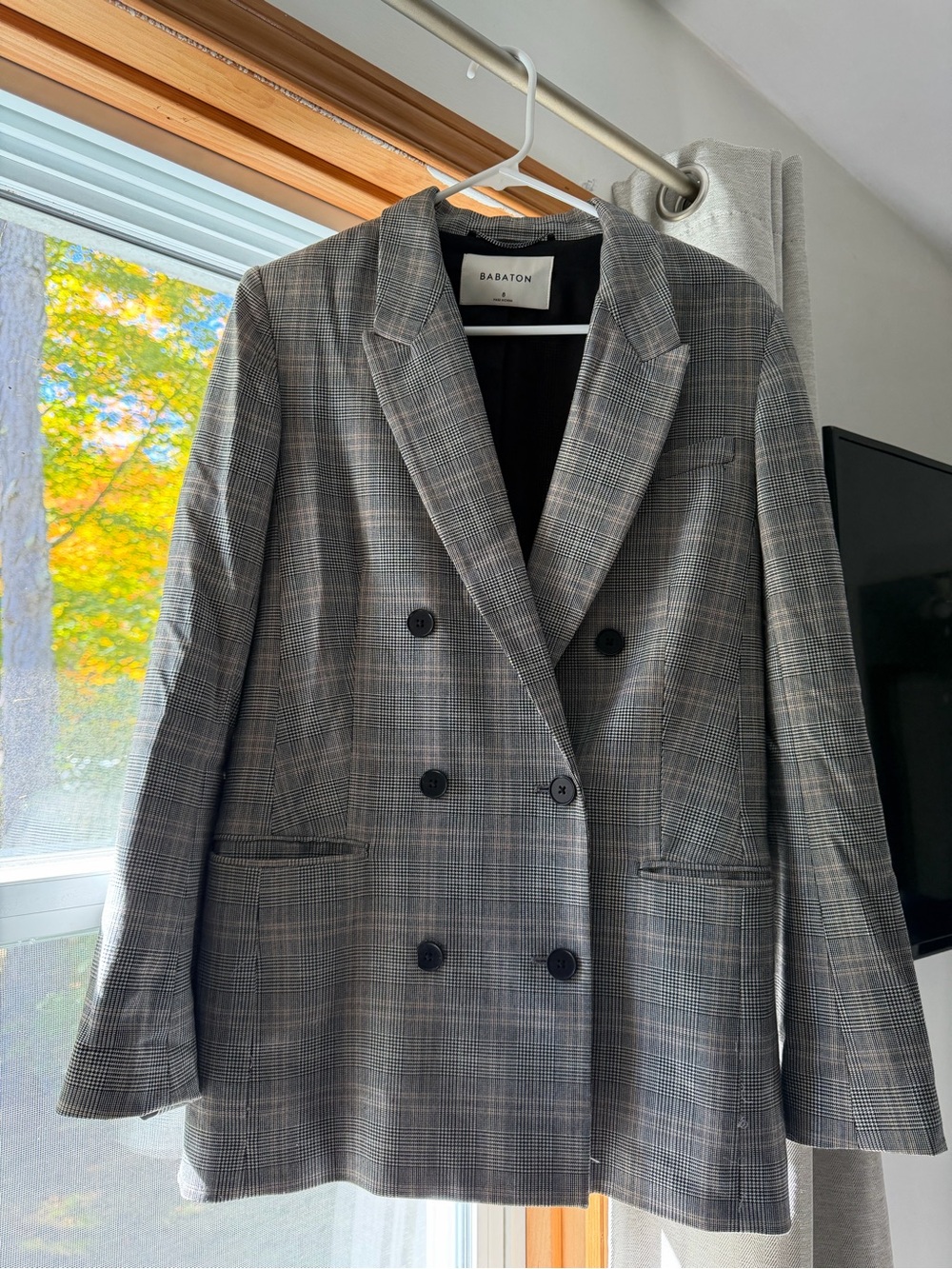 Babaton Gray Plaid Double-Breasted Blazer